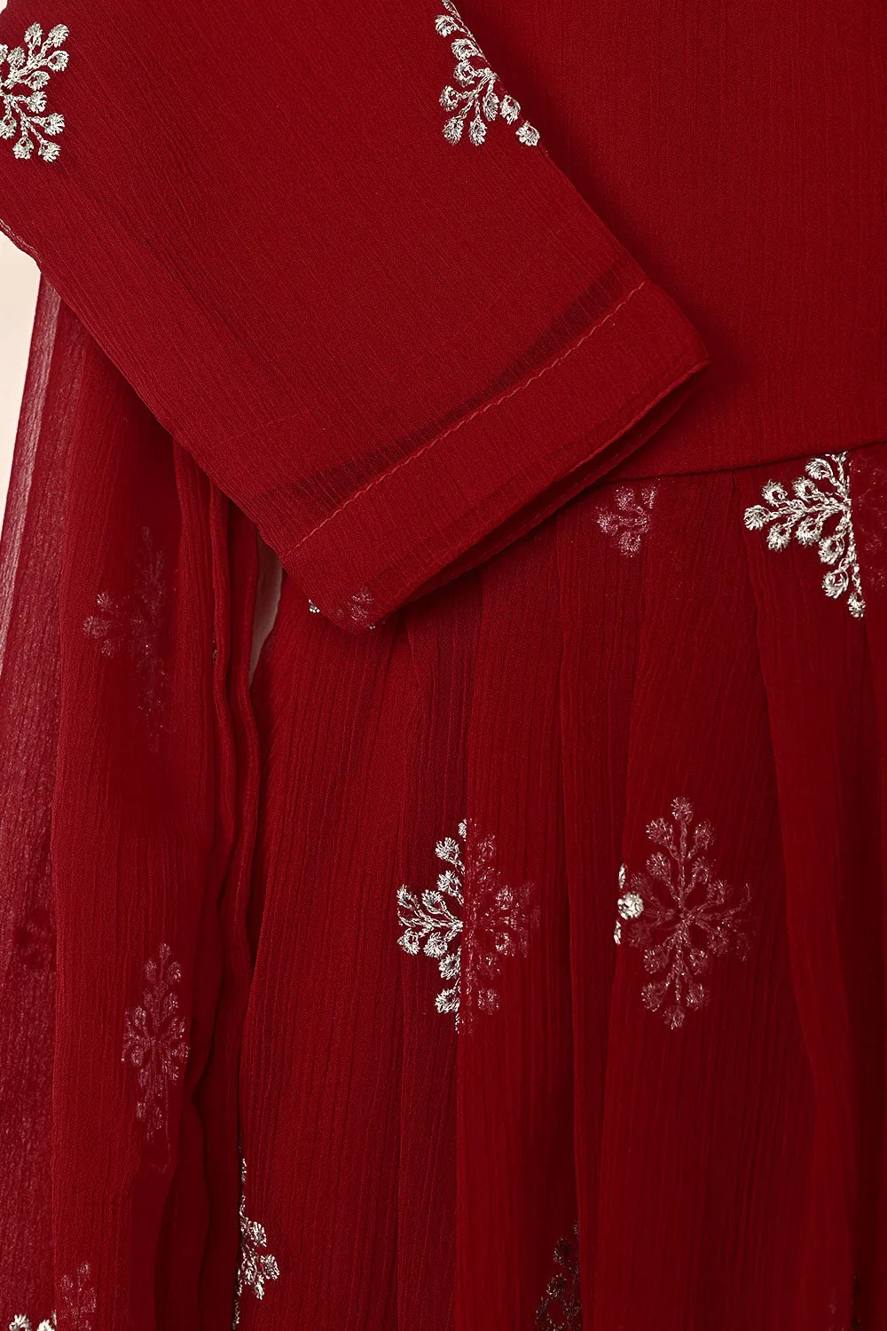 TKF-248-Red - Kids 3Pc Chiffon Embroidered Frock