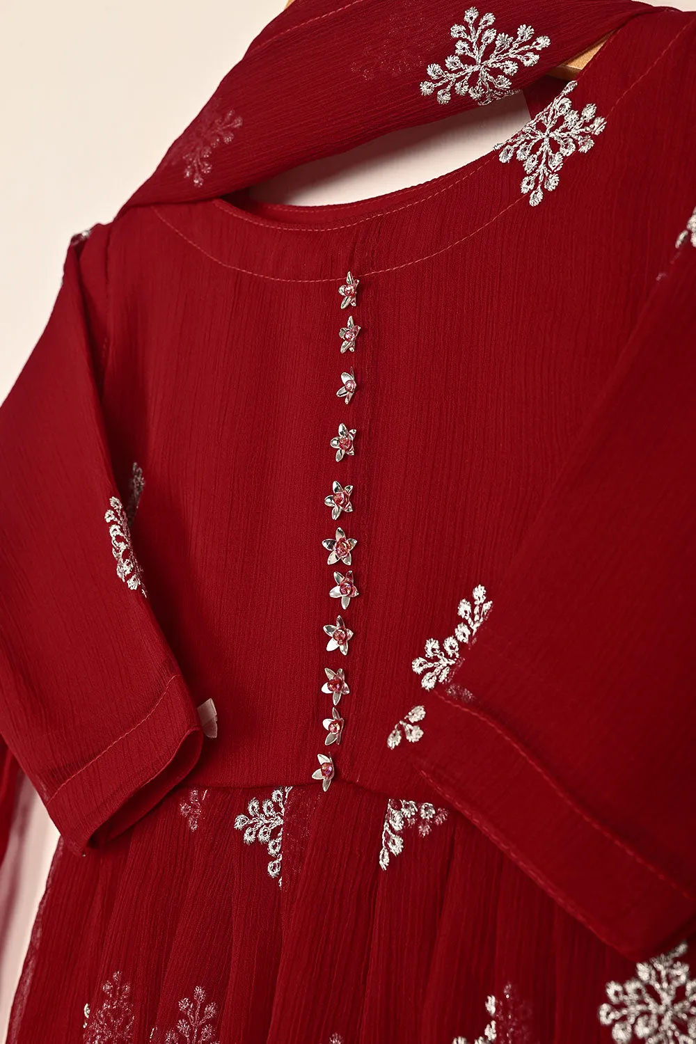 TKF-248-Red - Kids 3Pc Chiffon Embroidered Frock