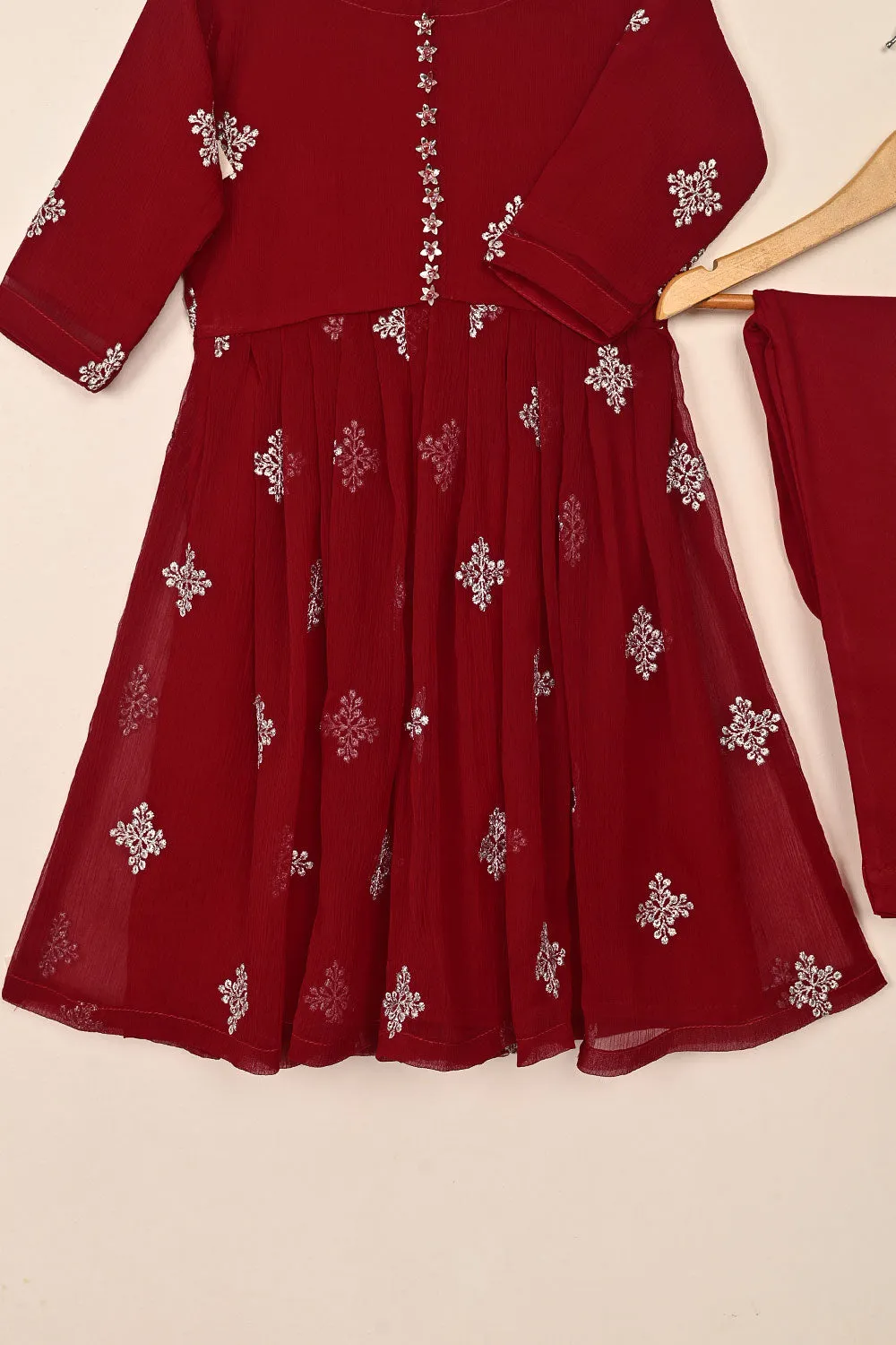 TKF-248-Red - Kids 3Pc Chiffon Embroidered Frock