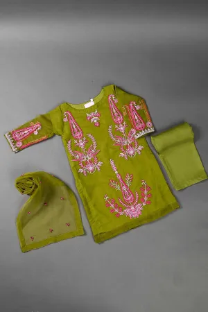 TKF-26-Moss - Kids 3Pc Organza Formal Embroidered Dress With Malai Trouser