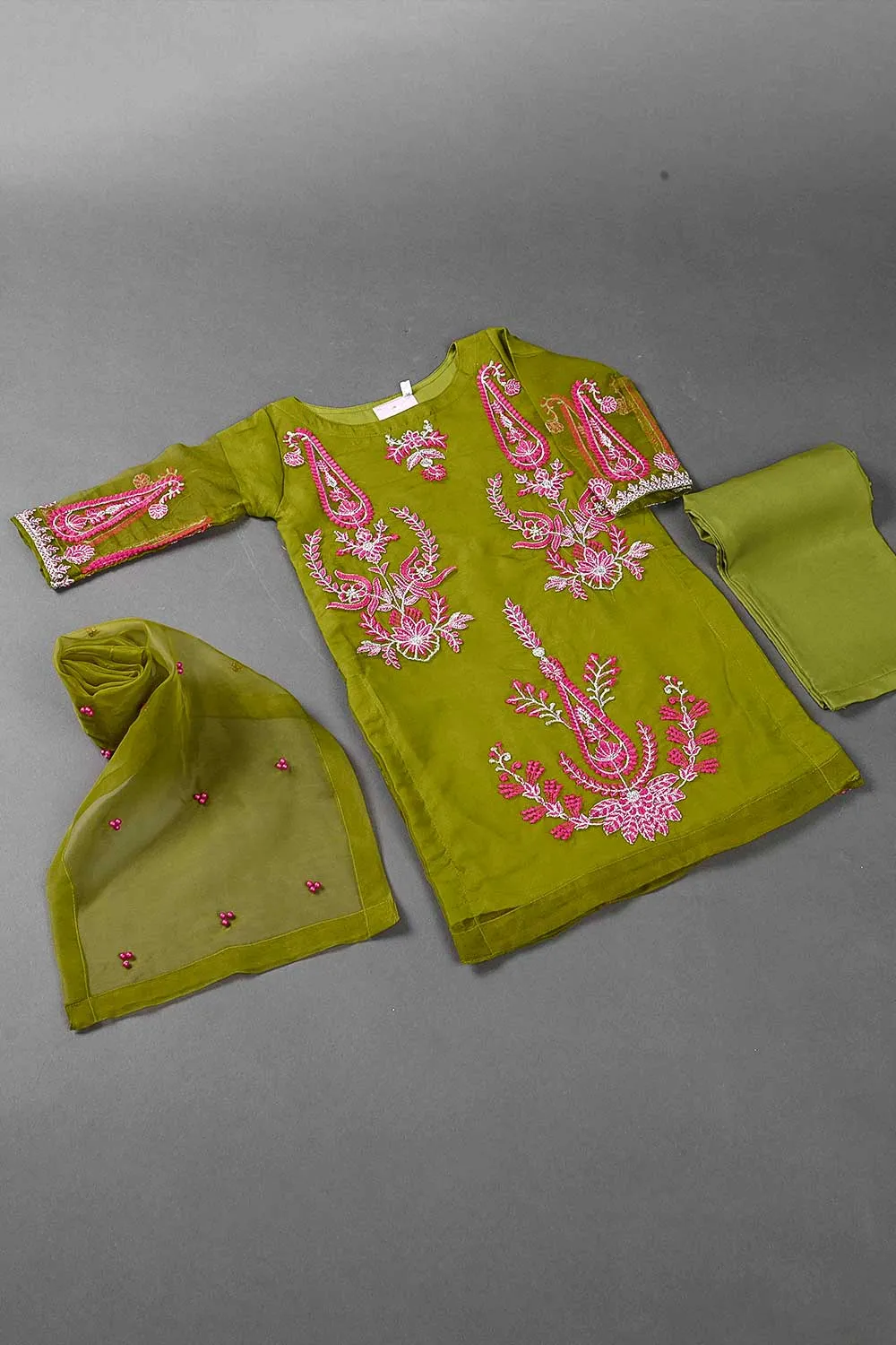 TKF-26-Moss - Kids 3Pc Organza Formal Embroidered Dress With Malai Trouser