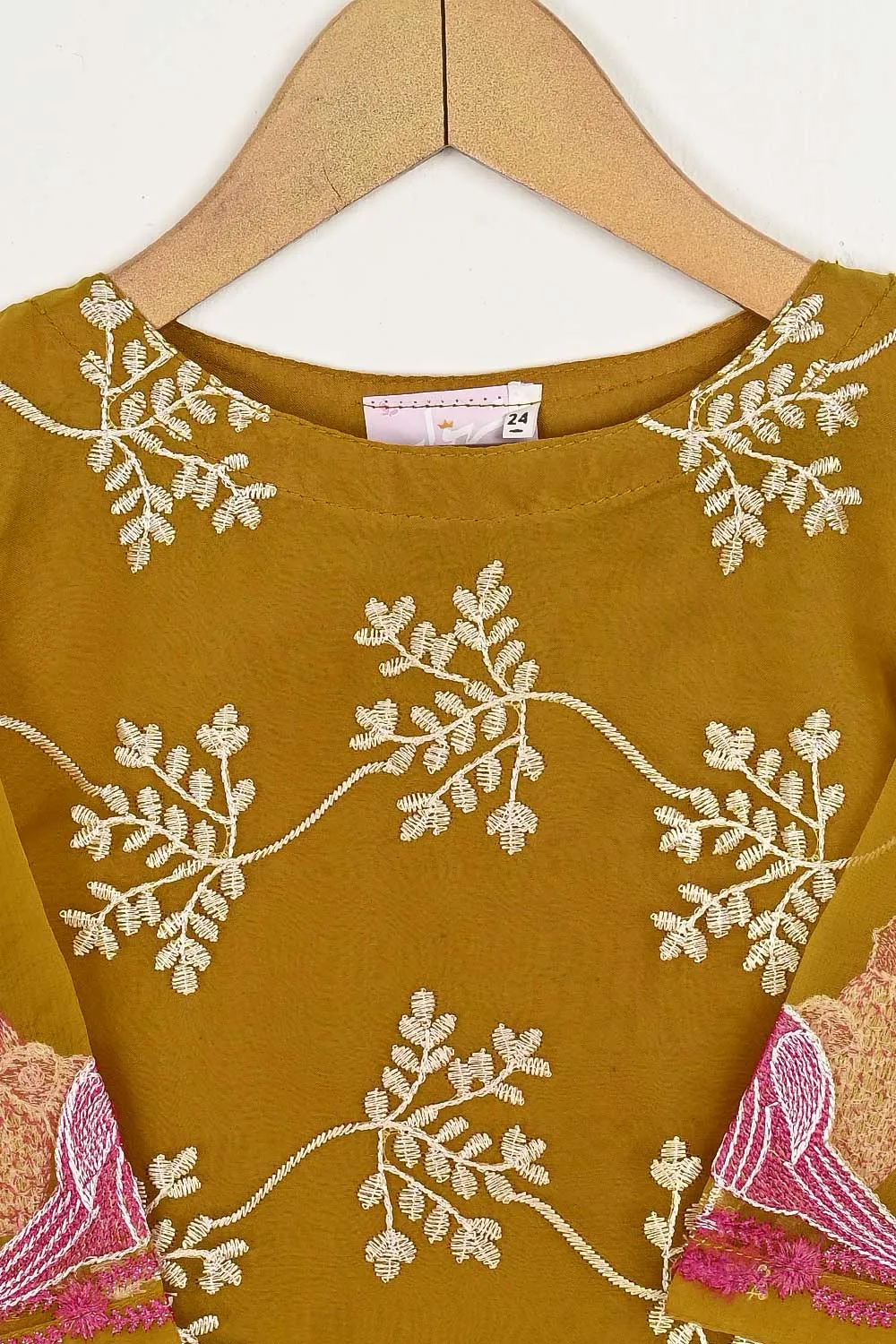 TKF-79-Mustard - Kids 3Pc Organza Formal Embroidered Dress With Malai Trouser