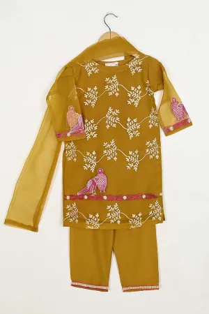 TKF-79-Mustard - Kids 3Pc Organza Formal Embroidered Dress With Malai Trouser