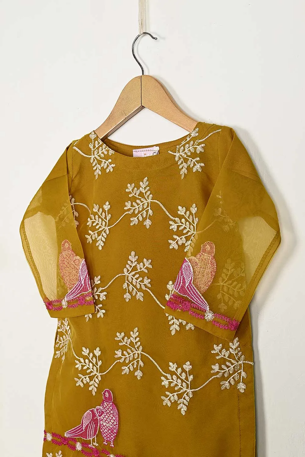 TKF-79-Mustard - Kids 3Pc Organza Formal Embroidered Dress With Malai Trouser