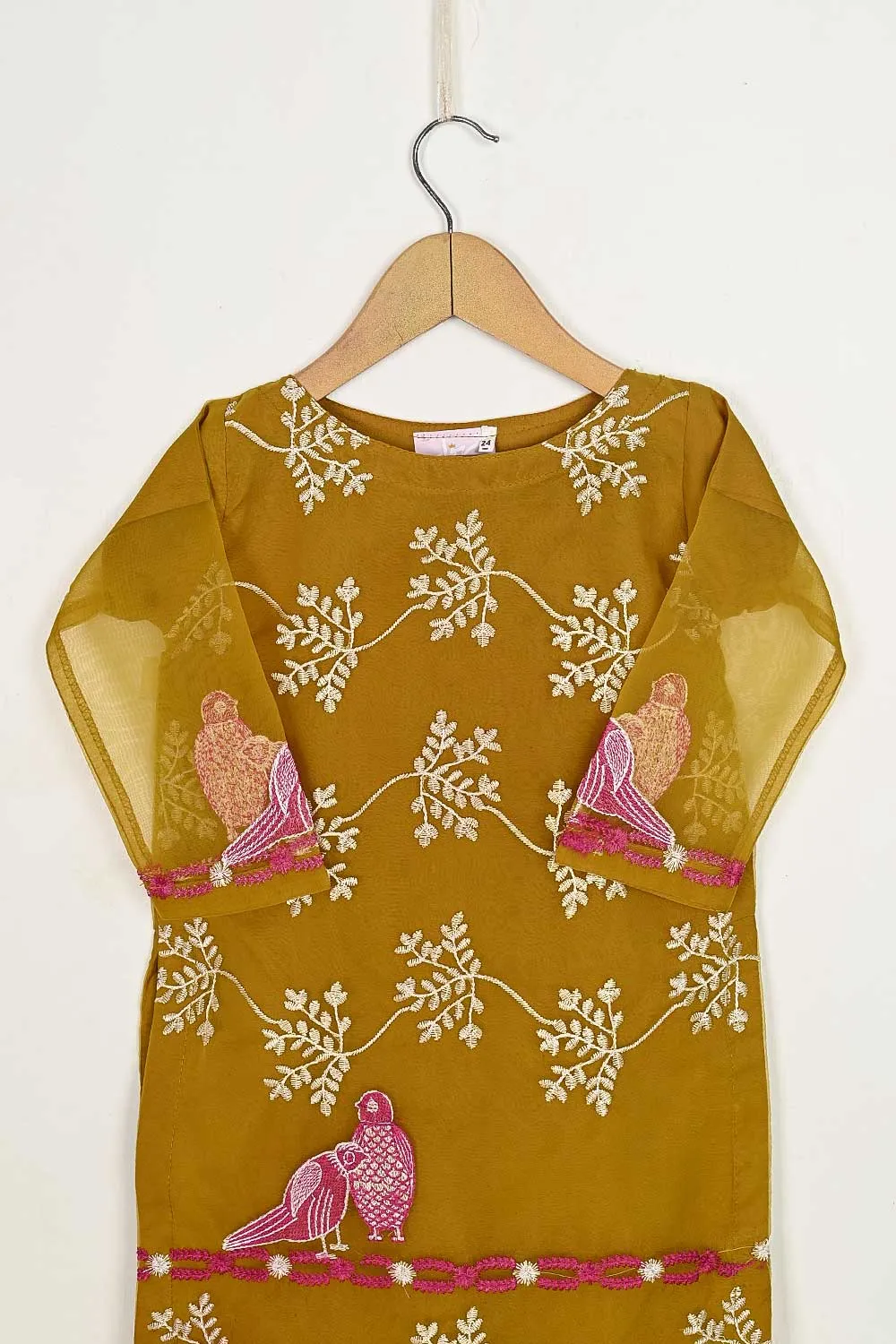 TKF-79-Mustard - Kids 3Pc Organza Formal Embroidered Dress With Malai Trouser