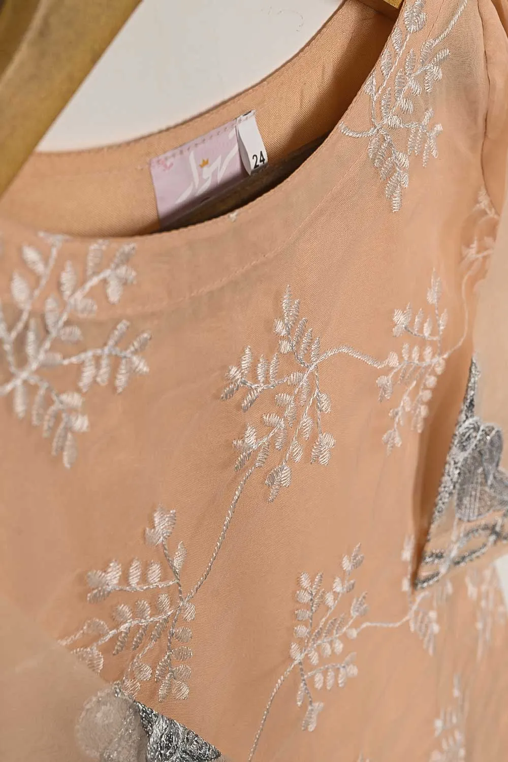 TKF-86-Peach - Kids 3Pc Organza Formal Embroidered Dress With Malai Trouser