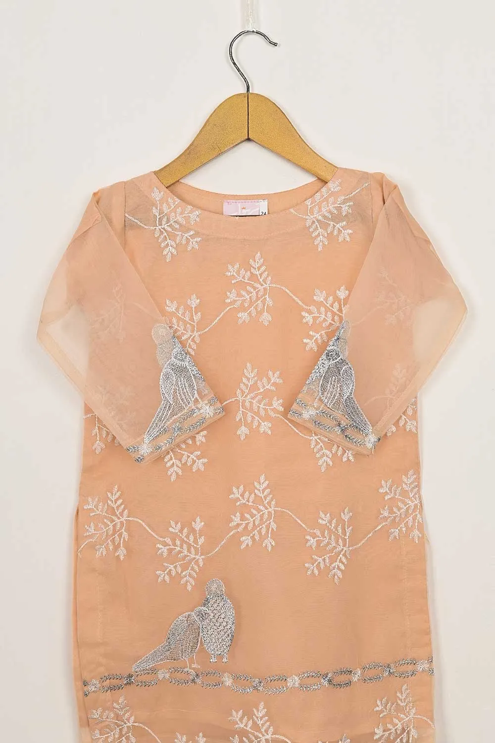 TKF-86-Peach - Kids 3Pc Organza Formal Embroidered Dress With Malai Trouser