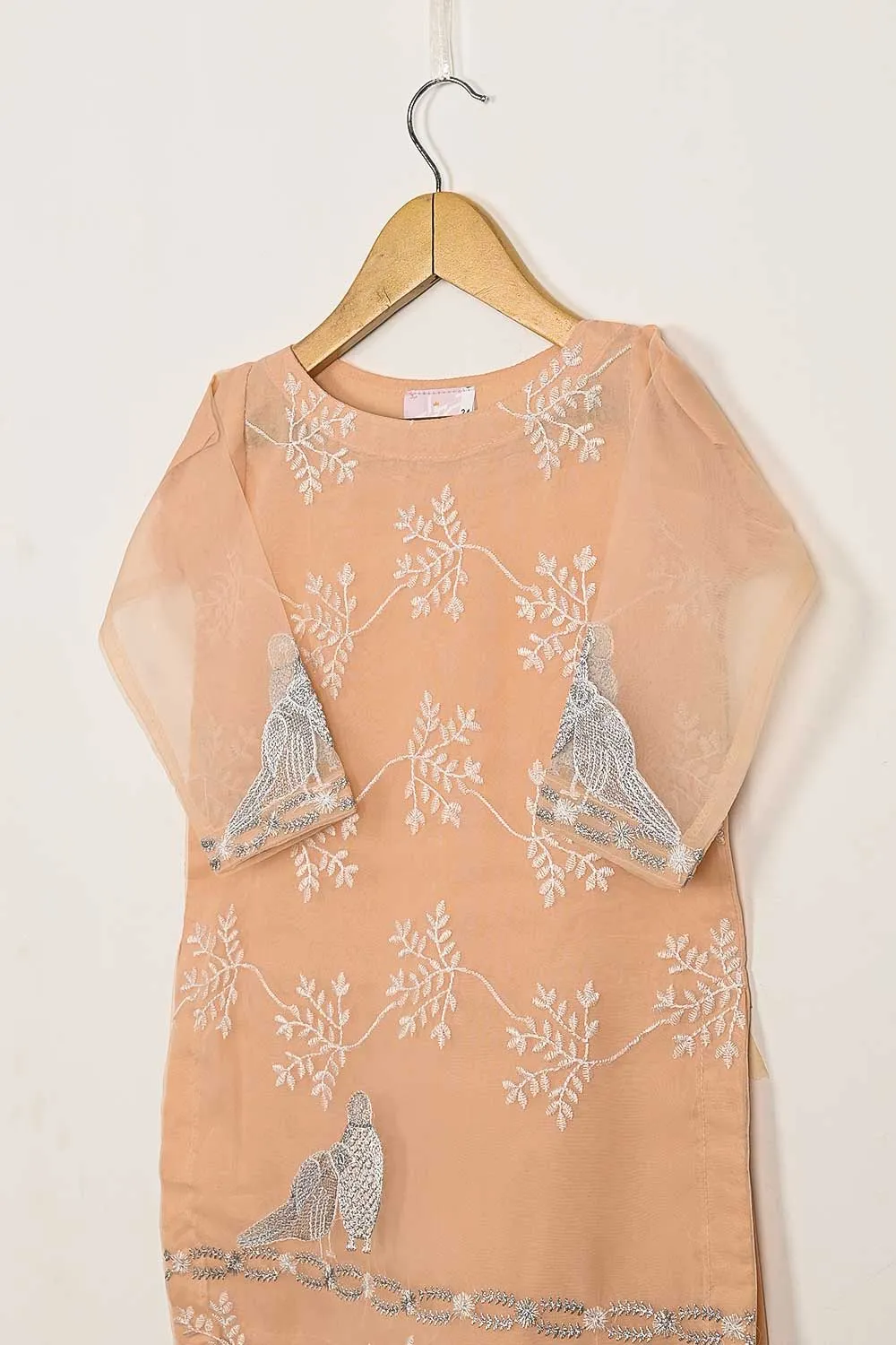 TKF-86-Peach - Kids 3Pc Organza Formal Embroidered Dress With Malai Trouser