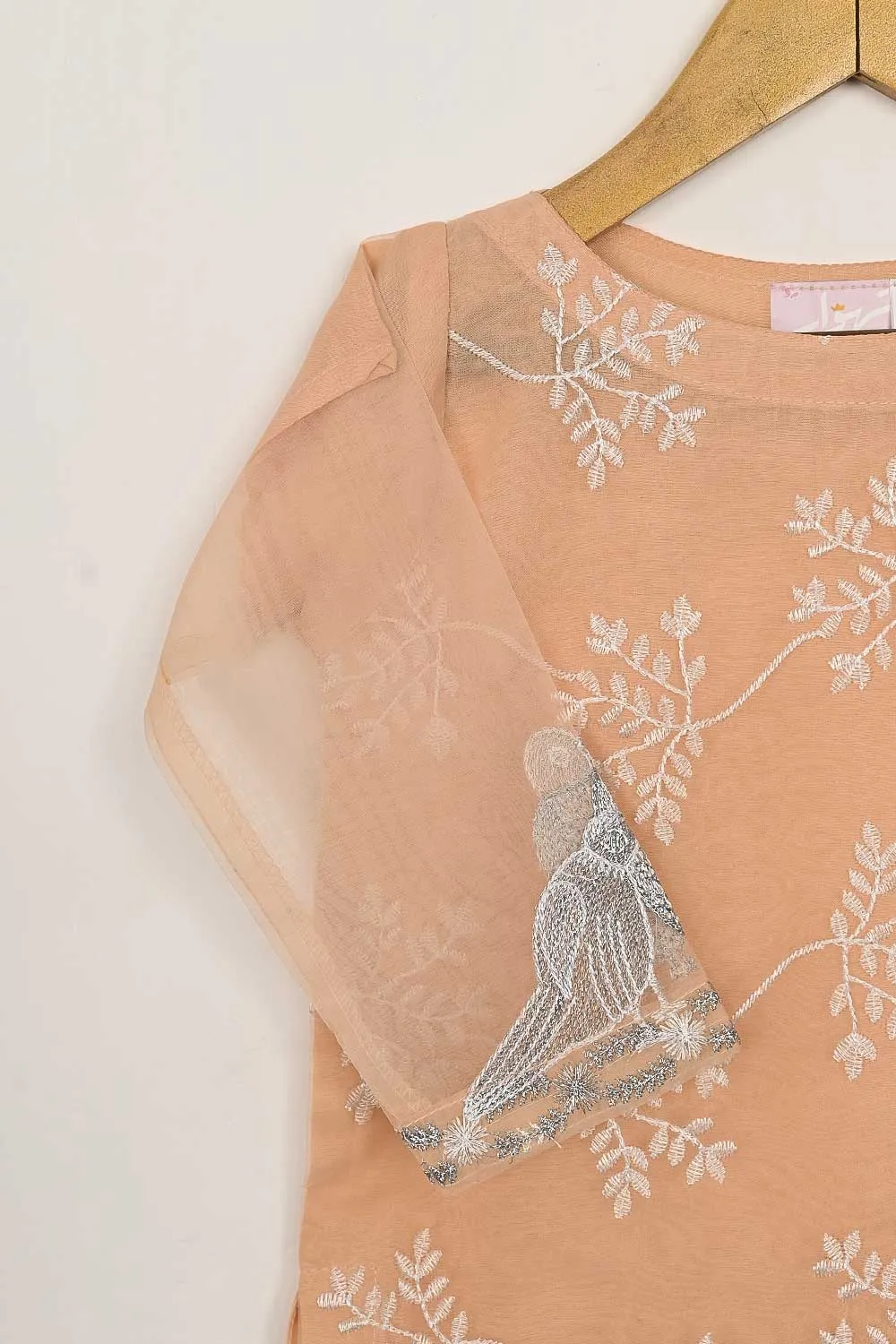 TKF-86-Peach - Kids 3Pc Organza Formal Embroidered Dress With Malai Trouser