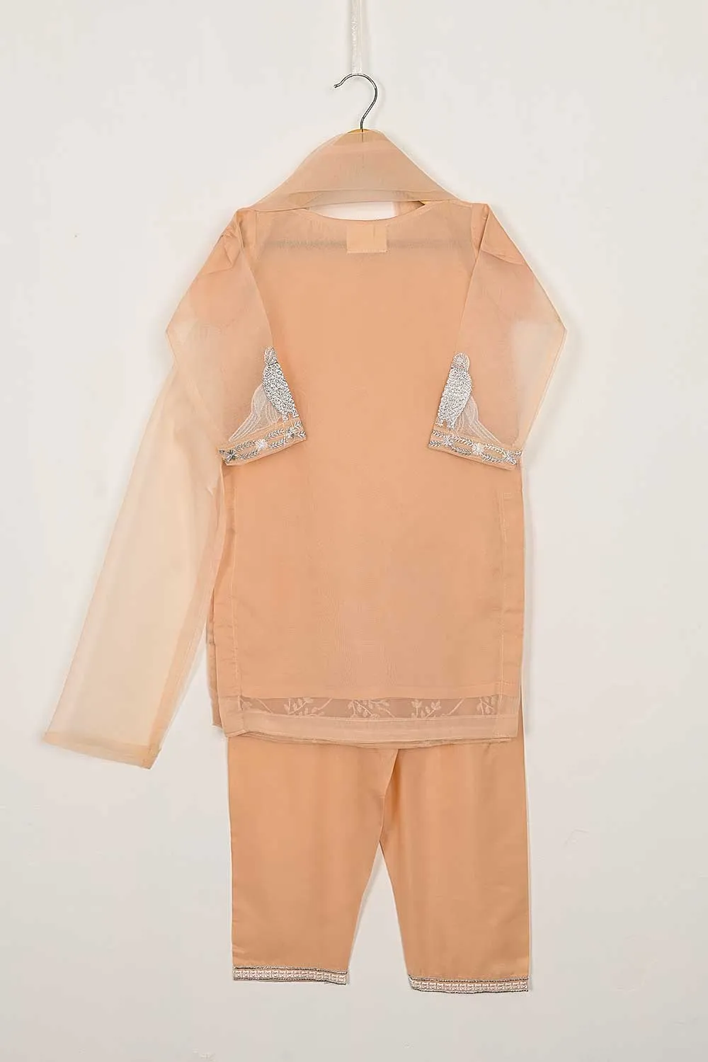 TKF-86-Peach - Kids 3Pc Organza Formal Embroidered Dress With Malai Trouser