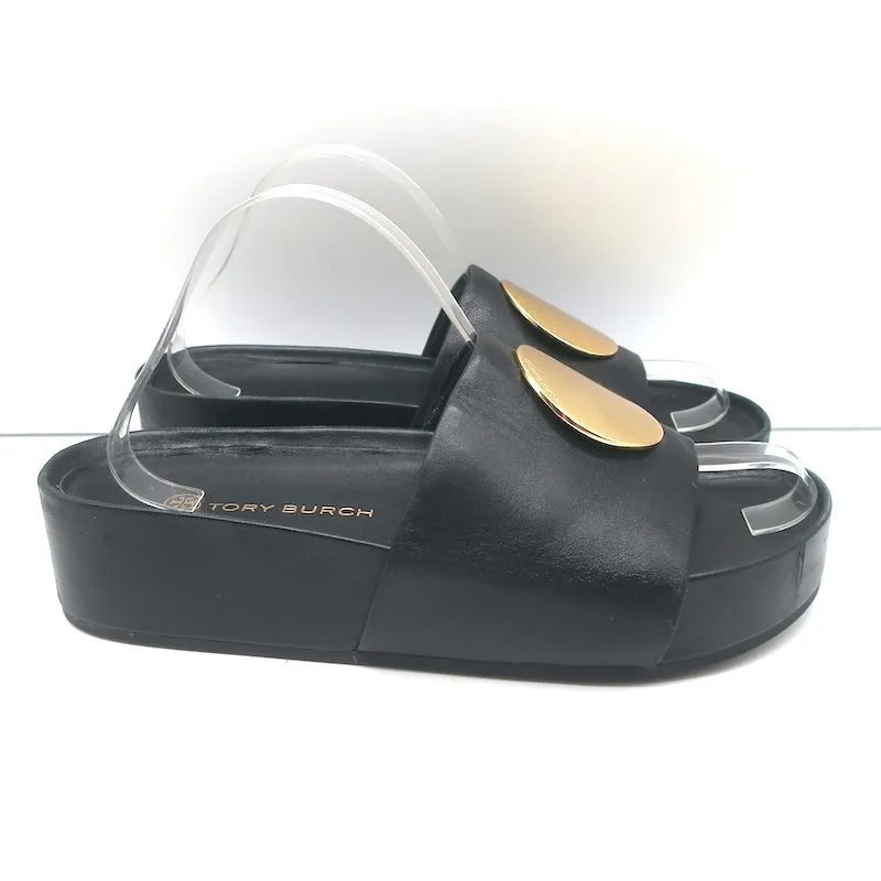Tory Burch Patos Platform Slide Sandals Black Leather Size 10.5