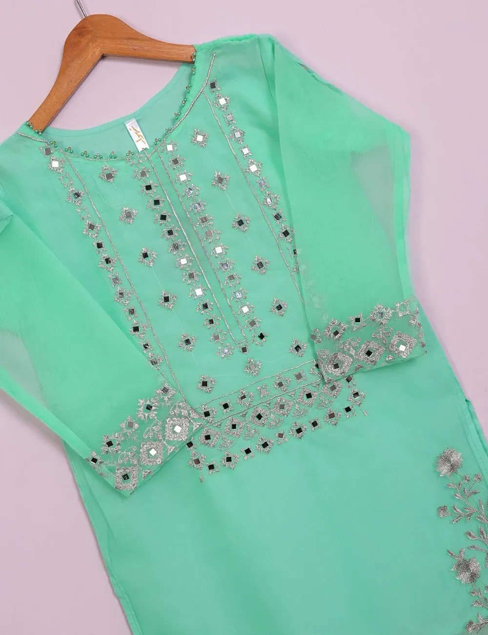 TS-113A-AquaGreen - Organza Embroidered Stitched Kurti With Mirror Work