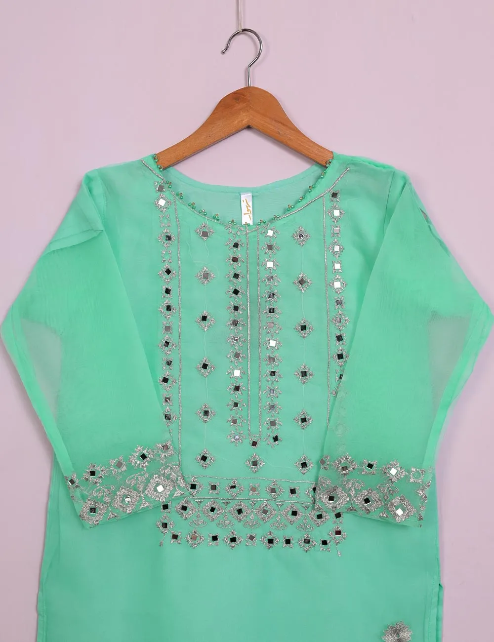 TS-113A-AquaGreen - Organza Embroidered Stitched Kurti With Mirror Work