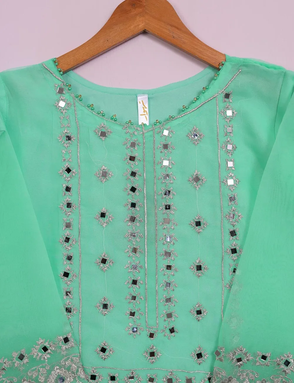 TS-113A-AquaGreen - Organza Embroidered Stitched Kurti With Mirror Work