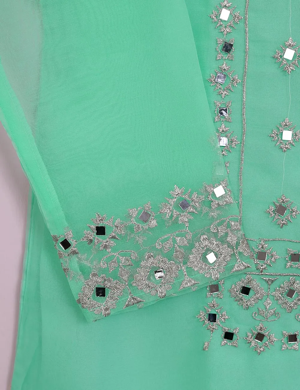 TS-113A-AquaGreen - Organza Embroidered Stitched Kurti With Mirror Work