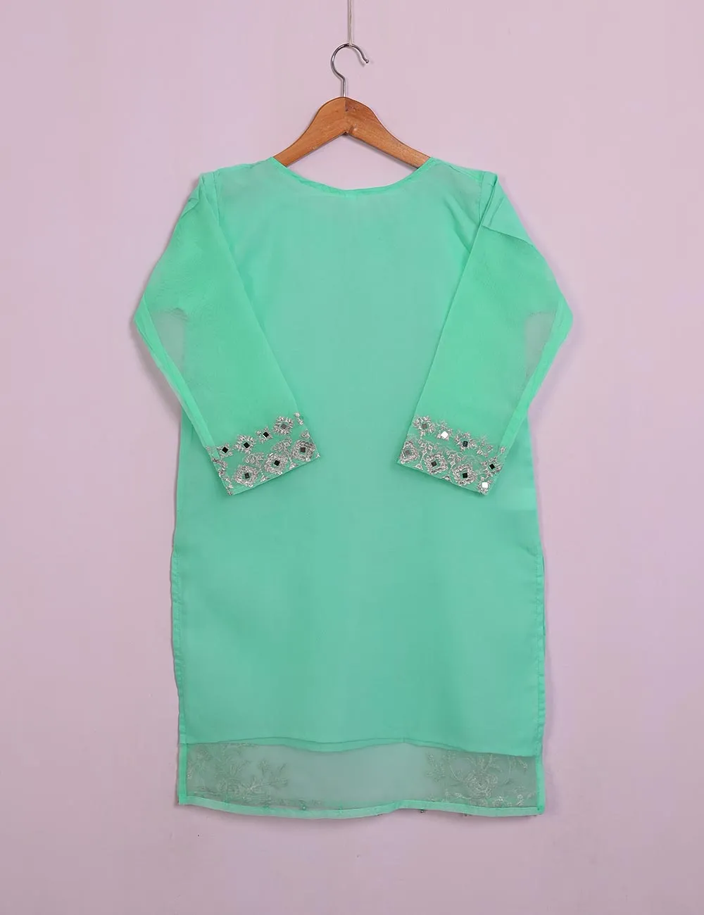 TS-113A-AquaGreen - Organza Embroidered Stitched Kurti With Mirror Work