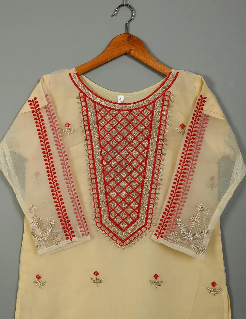 TS-118A-Skin - Organza Embroidered Stitched Kurti