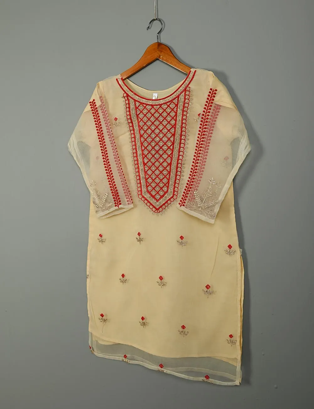 TS-118A-Skin - Organza Embroidered Stitched Kurti