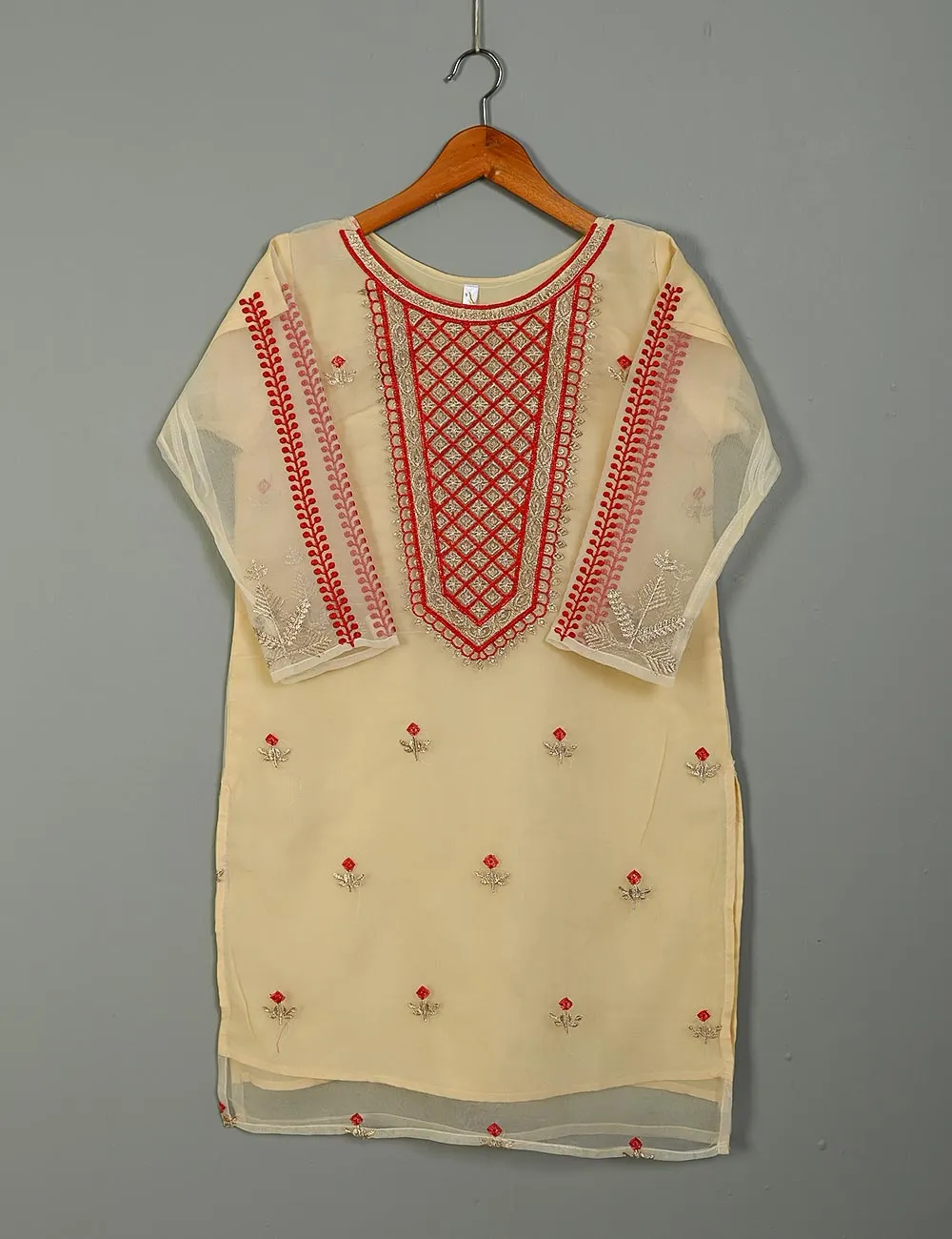 TS-118A-Skin - Organza Embroidered Stitched Kurti