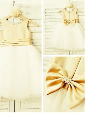 Tulle Princess Tea Length Scoop Sleeveless Flower Girl Dresses With Bowknot