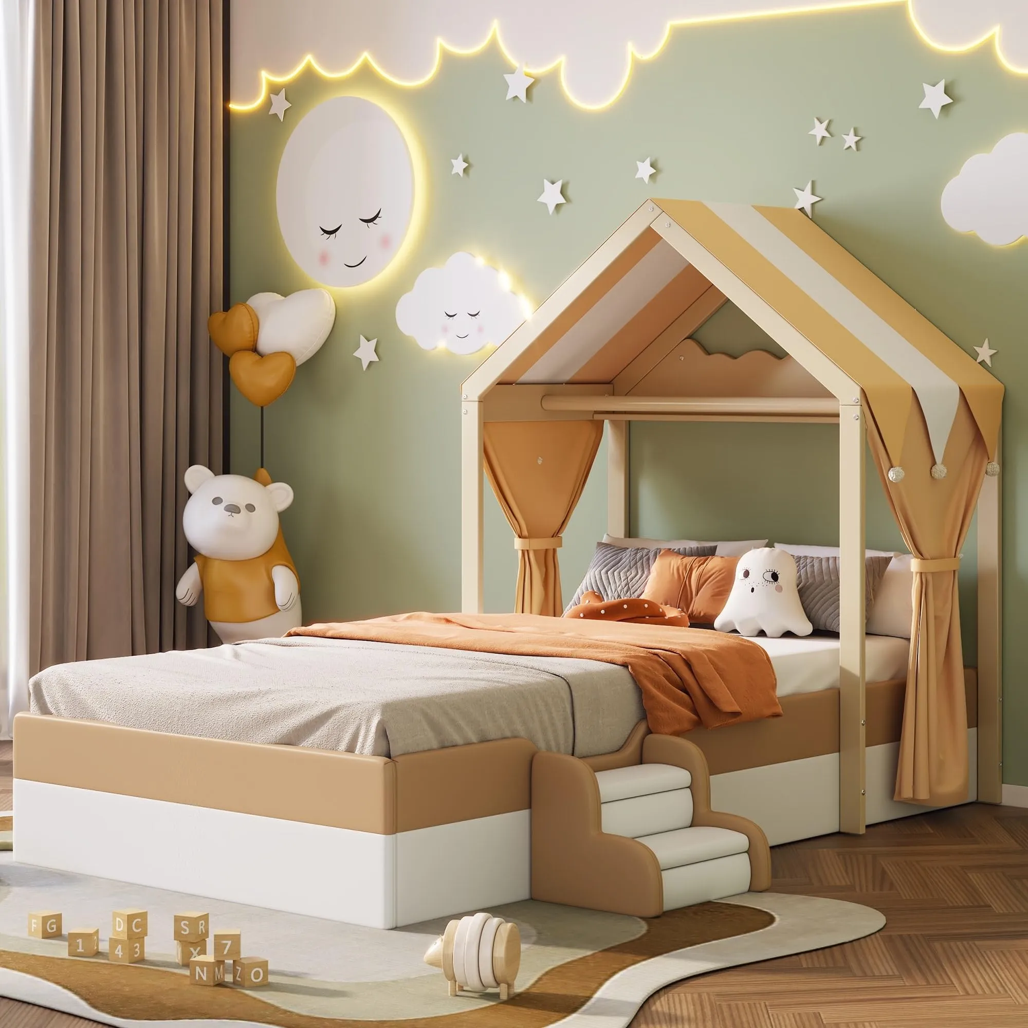 Twin Size Upholstered Pu House Bed with Curtains unny Kids Platform