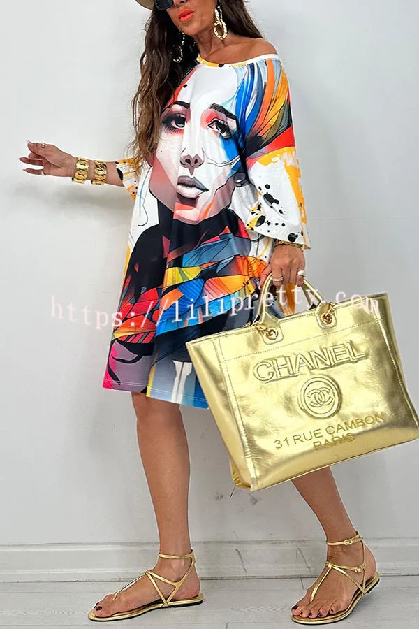 Unique Printed Round Neck Half-sleeved Loose Mini Dress