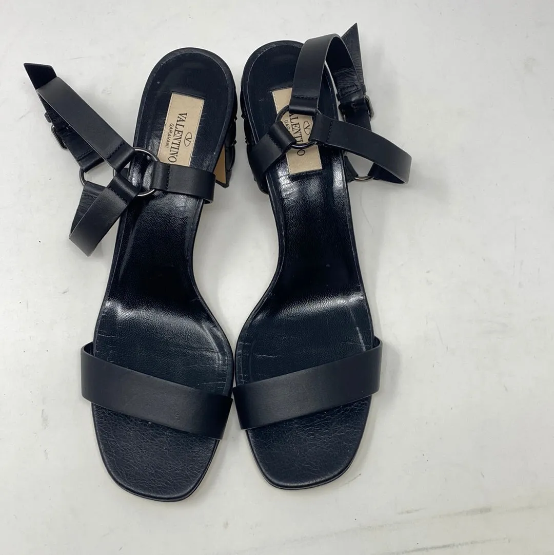 Valentino Black Leather Quilted Chunky Heel Sandal