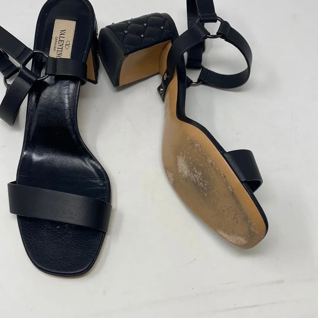 Valentino Black Leather Quilted Chunky Heel Sandal