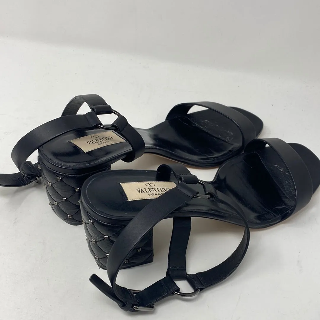Valentino Black Leather Quilted Chunky Heel Sandal