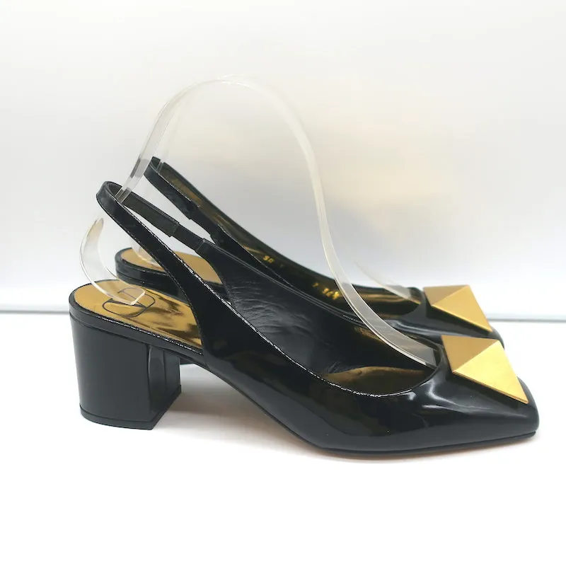 Valentino One Stud Slingback Pumps Black Patent Leather Size 36.5 NEW
