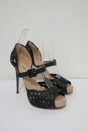 Valentino Platform Sandals Black Laser-Cut Leather Size 35.5 d'Orsay Heel