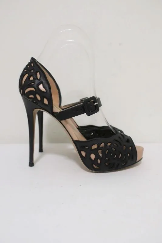 Valentino Platform Sandals Black Laser-Cut Leather Size 35.5 d'Orsay Heel