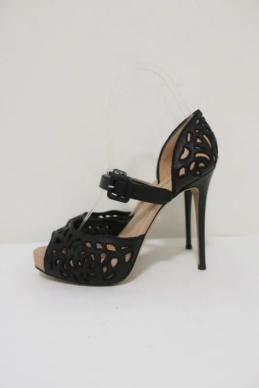 Valentino Platform Sandals Black Laser-Cut Leather Size 35.5 d'Orsay Heel