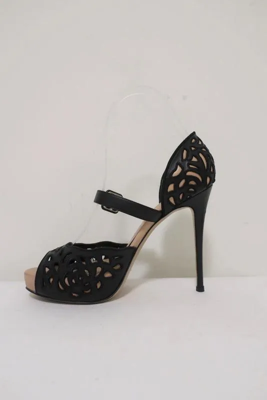 Valentino Platform Sandals Black Laser-Cut Leather Size 35.5 d'Orsay Heel
