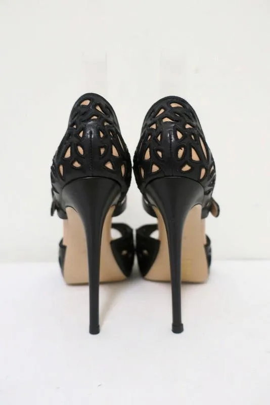 Valentino Platform Sandals Black Laser-Cut Leather Size 35.5 d'Orsay Heel
