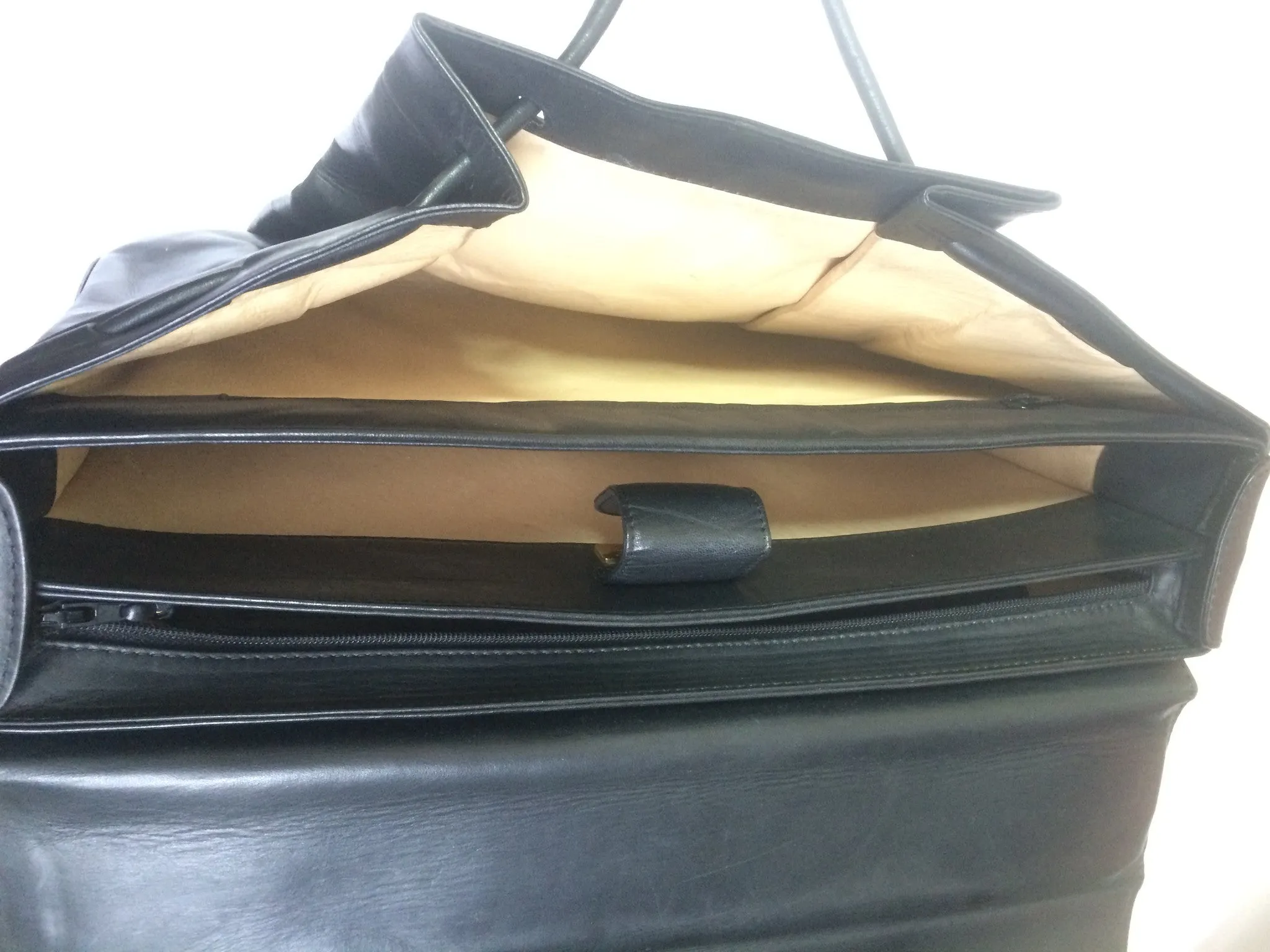 Vintage Bally black leather retro pop design bag, business purse with gold tone drawstrings and unique flap cut design.  Unisex use. 160315