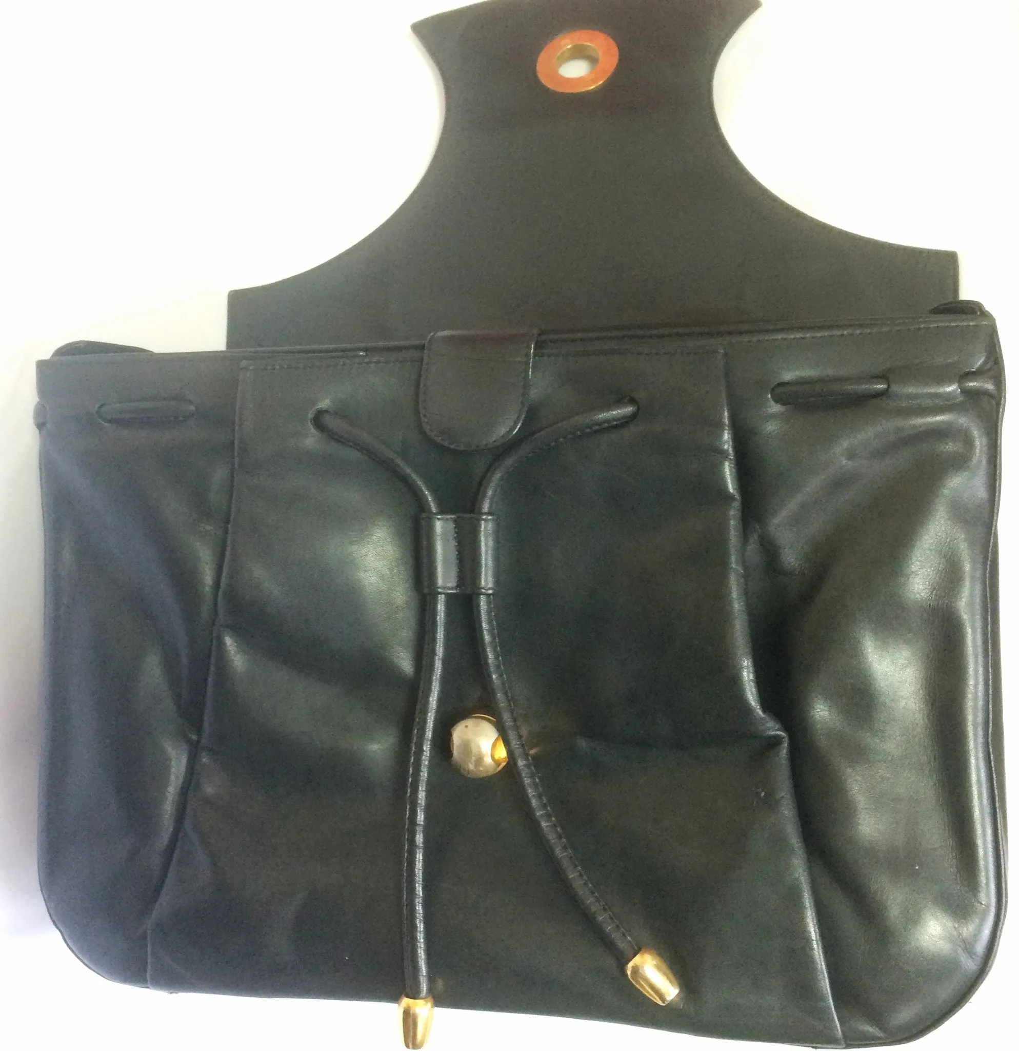 Vintage Bally black leather retro pop design bag, business purse with gold tone drawstrings and unique flap cut design.  Unisex use. 160315