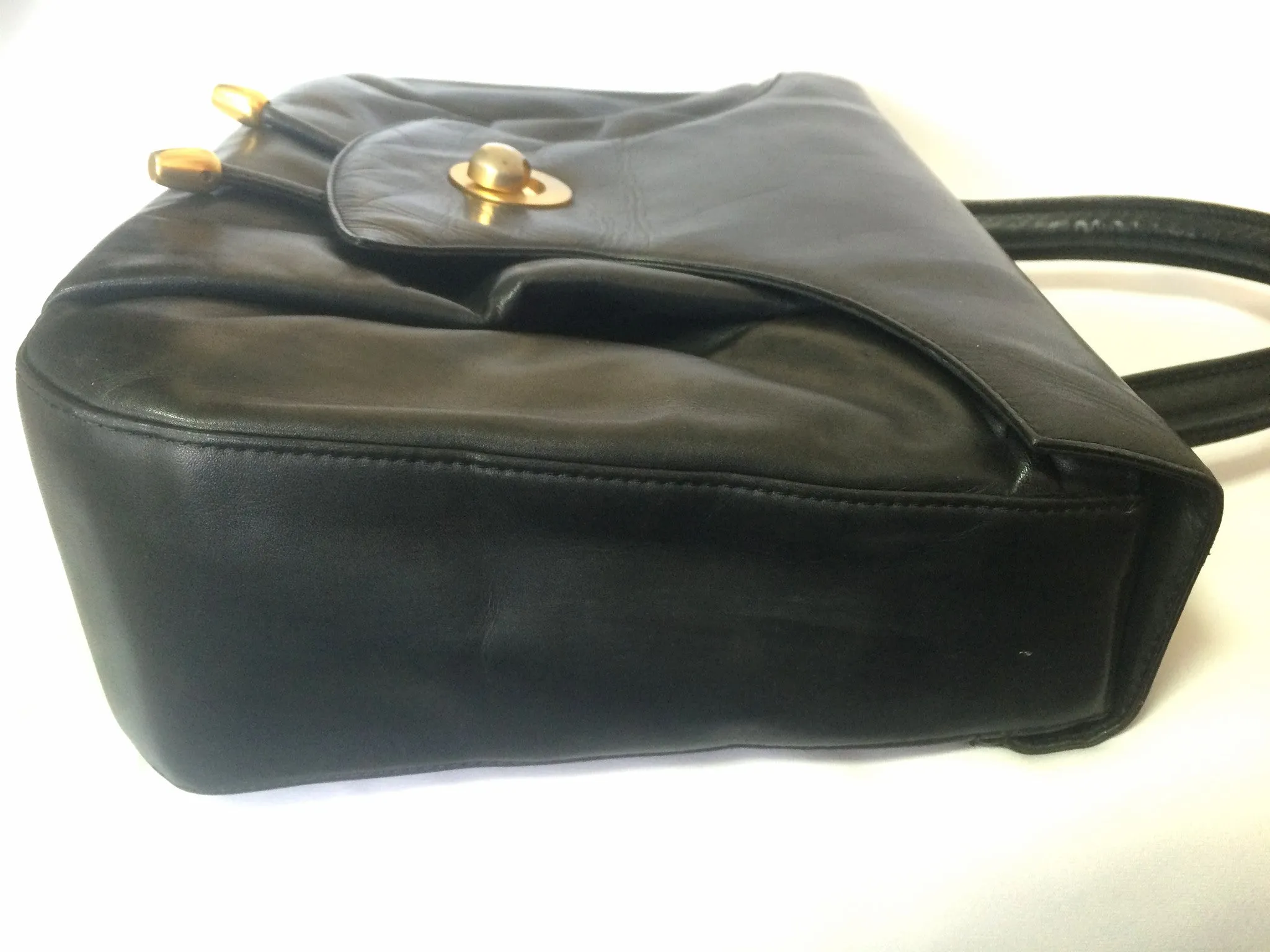 Vintage Bally black leather retro pop design bag, business purse with gold tone drawstrings and unique flap cut design.  Unisex use. 160315