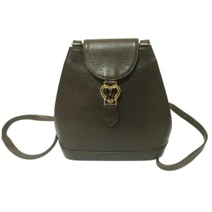 Vintage MOSCHINO genuine dark brown leather backpack with golden and black M logo motif from cheap and chic by moschino. Perfect daily bag. 060528r1