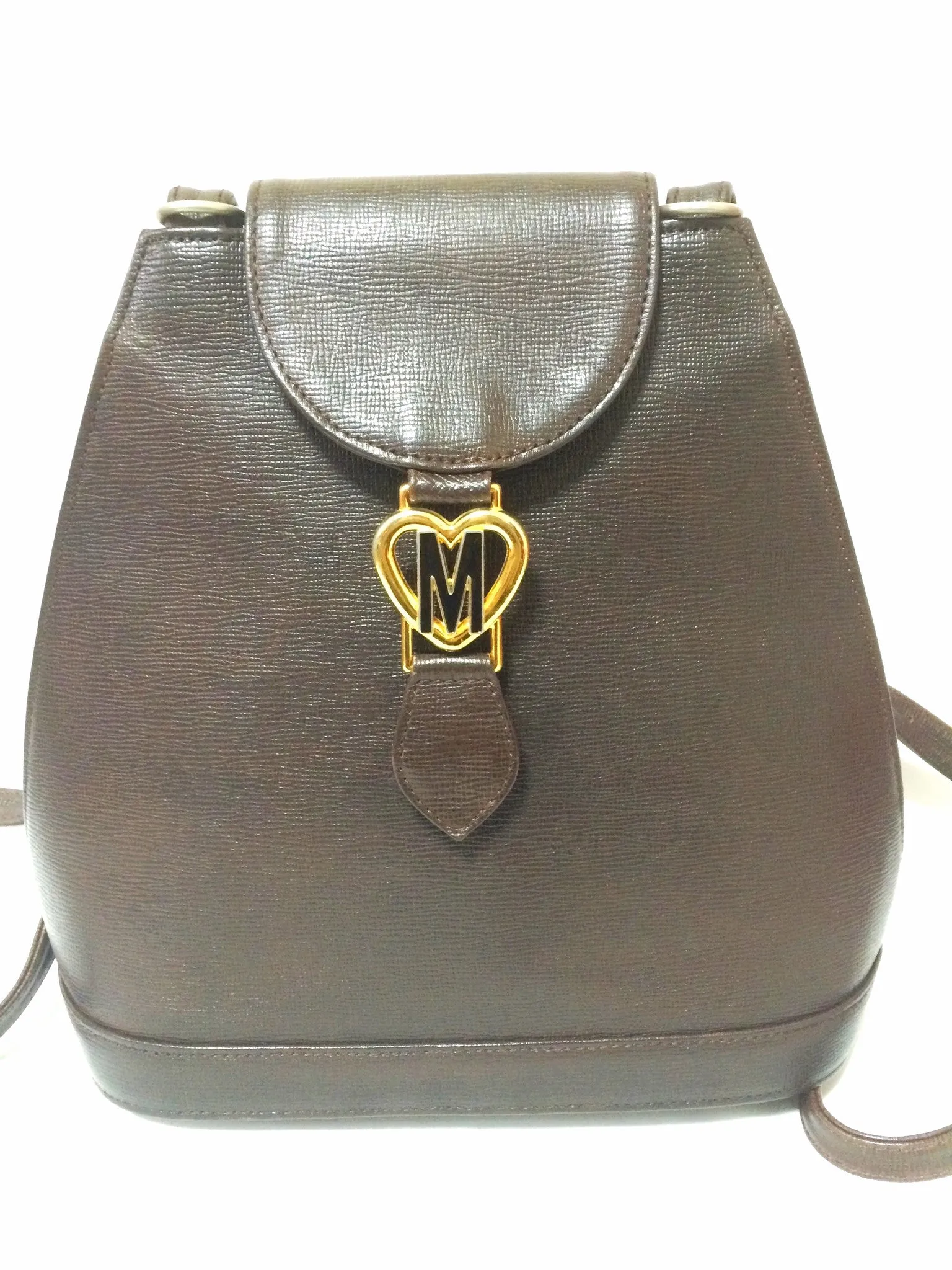 Vintage MOSCHINO genuine dark brown leather backpack with golden and black M logo motif from cheap and chic by moschino. Perfect daily bag. 060528r1