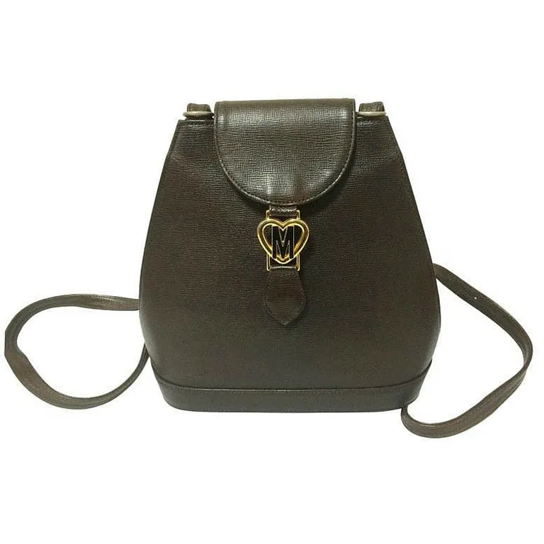 Vintage MOSCHINO genuine dark brown leather backpack with golden and black M logo motif from cheap and chic by moschino. Perfect daily bag. 060528r1