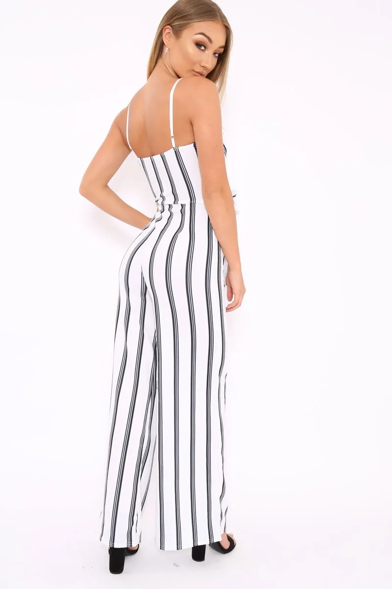 White and Black Stripe Plunge Tie Waist Jumpsuit - Tashi