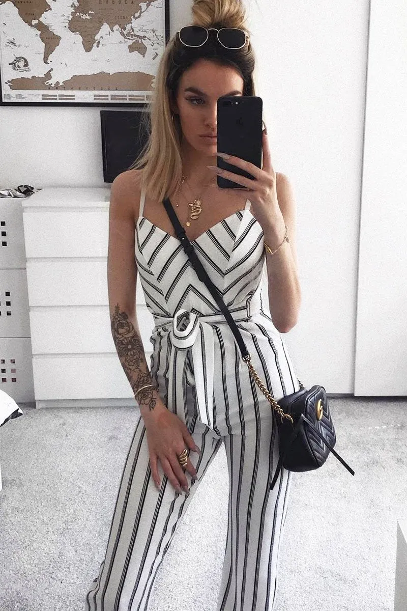 White and Black Stripe Plunge Tie Waist Jumpsuit - Tashi