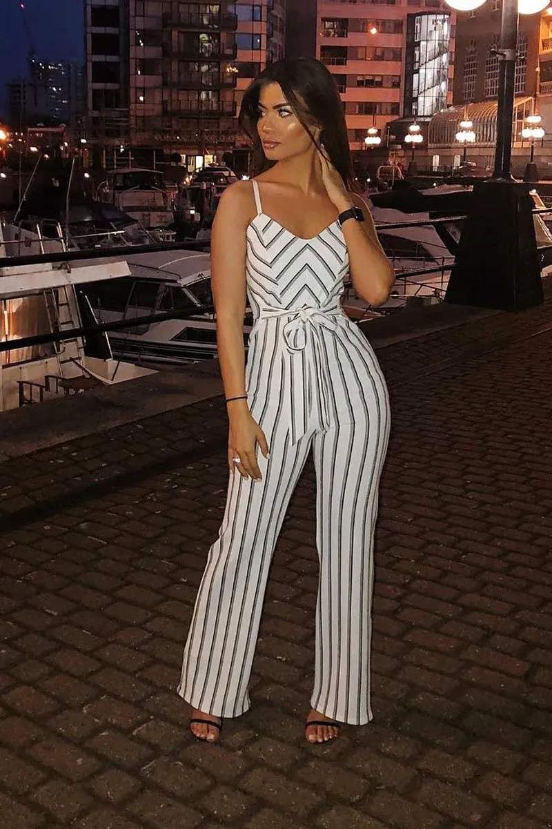 White and Black Stripe Plunge Tie Waist Jumpsuit - Tashi