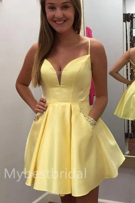 Yellow V-neck Sleeveless A-line Short Mini Homecoming Dress,  HDS0157